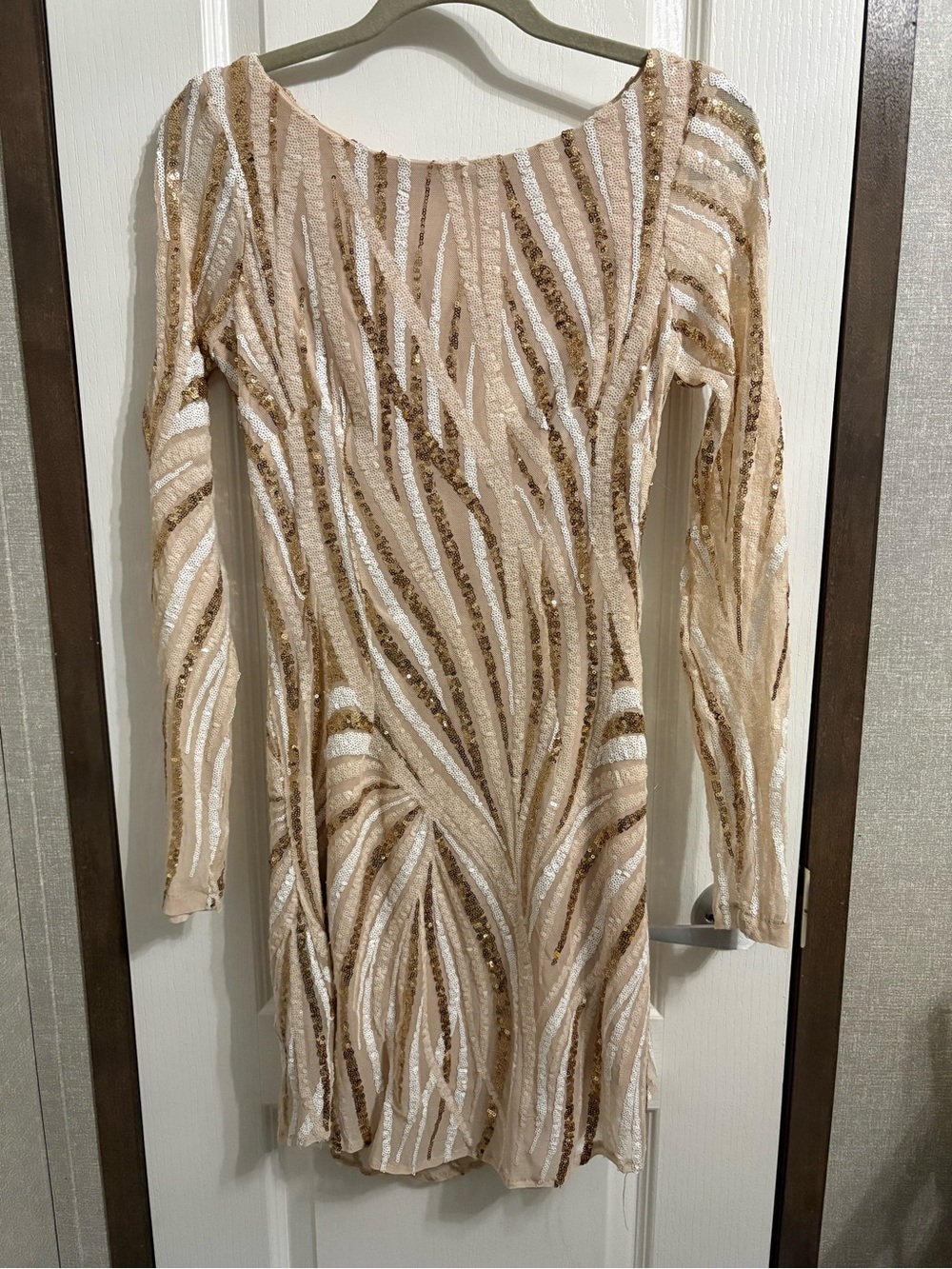 Hello Molly Nude and Gold Sequin Long-Sleeve Mini Dress